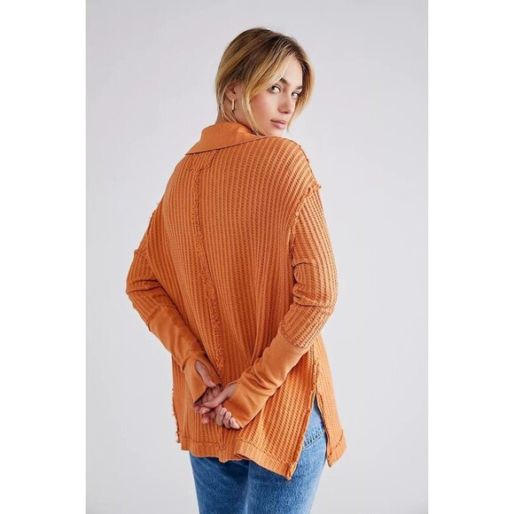Free People Raymond Thermal Waffle Knit Oversized Pullover Size XS Womens in Ora - Picture 2 of 11